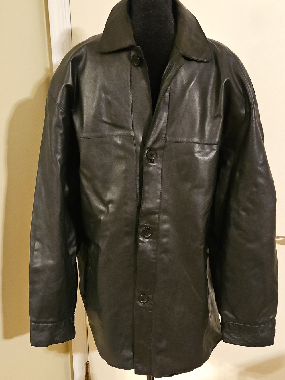 Mens Andrew Marc Vintage Leather Car Coat Button Front Premium Jacket Black M